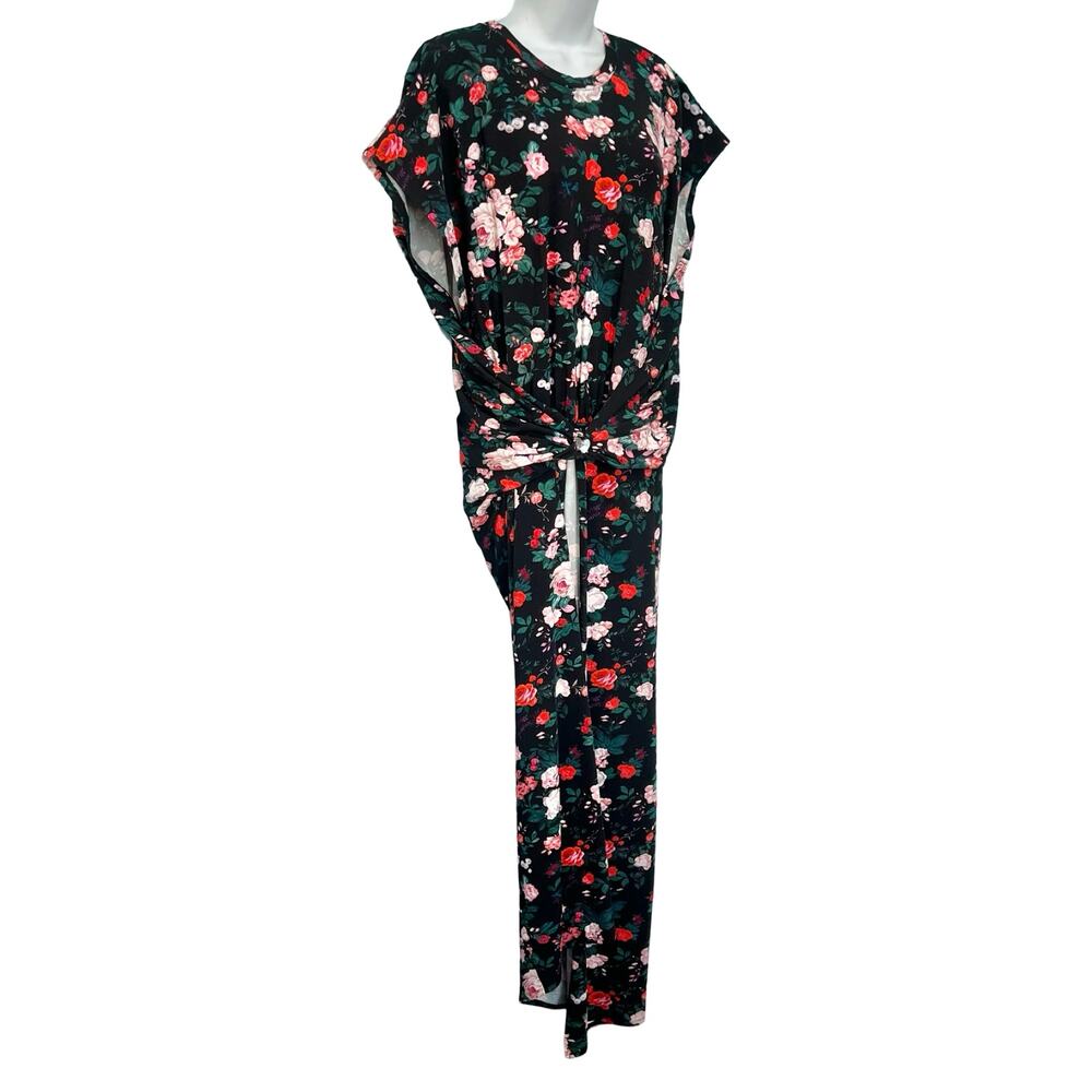 Paco Rabanne Black Pink Floral Cap Sleeve Belt Faux Wrap Midi Dress 44 / 12 NEW - Picture 10 of 14